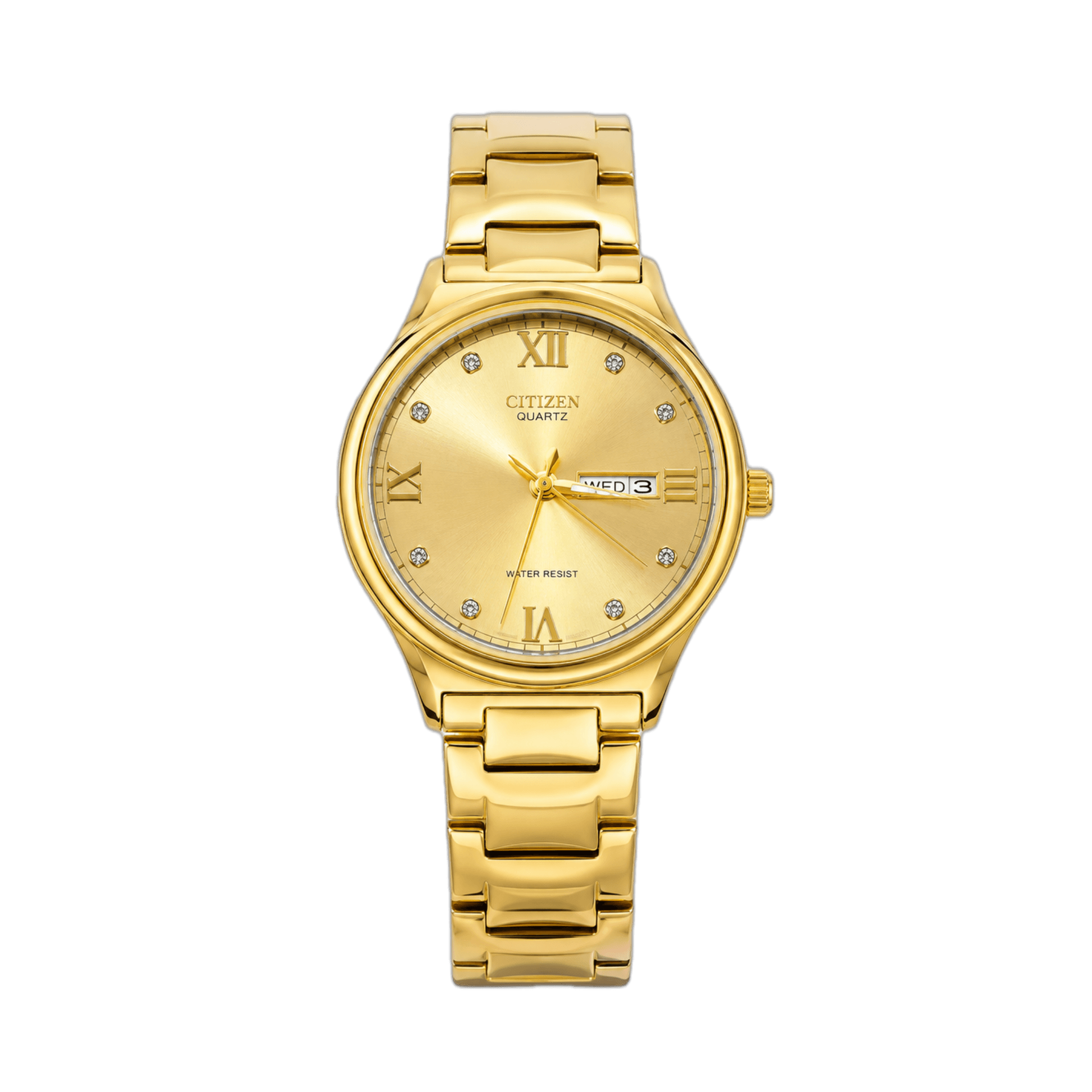 Citizen Gold Quartz Day-Date Watch – Luxury Gold Dial Edition